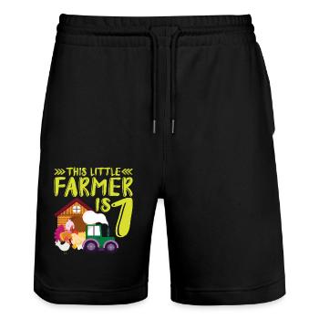 This small farmer is 1 farm thematic - Stanley/Stella Trainer Unisex Organic Jogging Shorts - black - Front - Nik (191cm) & Marisol (170cm)