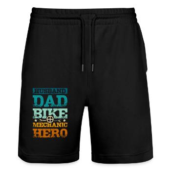 Husband dad bike mechanic hero - Stanley/Stella Trainer Unisex Organic Jogging Shorts - black - Front - Nik (191cm) & Marisol (170cm)
