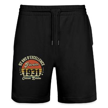 92 Ans Février 1931 Anniversaire Vintage Cadeau - Short de jogging bio TRAINER Stanley/Stella unisexe - noir - Devant - Nik (191cm) & Marisol (170cm)