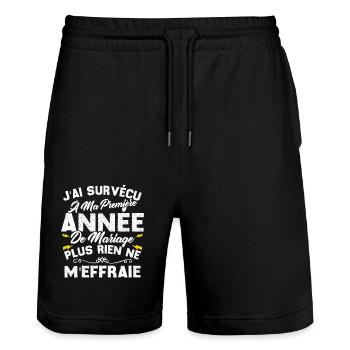 Humour Cadeau Ma Première Année De Mariage - Short de jogging bio TRAINER Stanley/Stella unisexe - noir - Devant - Nik (191cm) & Marisol (170cm)