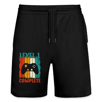 1. Hochzeitstag - Vintage Retro Level - Stanley/Stella Unisex Bio Joggingshorts Trainer  - Schwarz - Vorne - Nik (191cm) & Marisol (170cm)