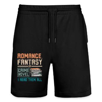 Romance, fantasy or crime novel reading - Stanley/Stella Trainer Unisex Organic Jogging Shorts - black - Front - Nik (191cm) & Marisol (170cm)