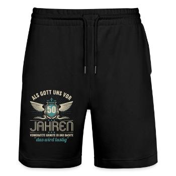 50 Jahre verheiratet wird lustig 50.Hochzeitstag - Stanley/Stella Unisex Bio Joggingshorts Trainer  - Schwarz - Vorne - Nik (191cm) & Marisol (170cm)