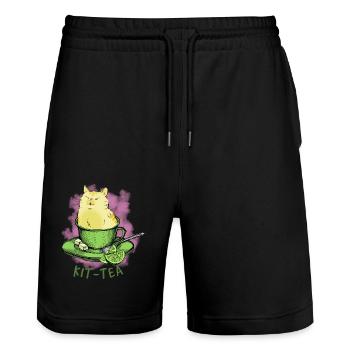 Funny cat sits in tea cup children's kittens - Stanley/Stella Trainer Unisex Organic Jogging Shorts - black - Front - Nik (191cm) & Marisol (170cm)