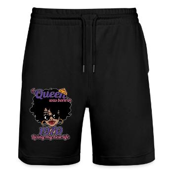 A Queen Was Born In 1970 - 52 Years Old Birthday - Stanley/Stella Trainer Unisex Organic Jogging Shorts - black - Front - Nik (191cm) & Marisol (170cm)