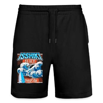 Japan, Isshiki Beach, Surfing Hokusai-Welle - Stanley/Stella Unisex Bio Joggingshorts Trainer  - Schwarz - Vorne - Nik (191cm) & Marisol (170cm)