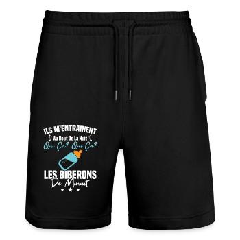 Qui ça qui ça Les biberons de minuit Humour Cadeau - Short de jogging bio TRAINER Stanley/Stella unisexe - noir - Devant - Nik (191cm) & Marisol (170cm)
