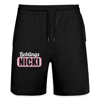 DDR Ostdeutschland Osten Ossi Lieblings Nicki - Stanley/Stella Unisex Bio Joggingshorts Trainer  - Schwarz - Vorne - Nik (191cm) & Marisol (170cm)
