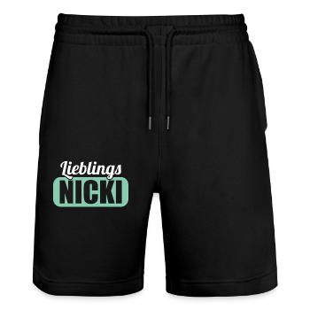 DDR Ostdeutschland Osten Ossi Lieblings Nicki - Stanley/Stella Unisex Bio Joggingshorts Trainer  - Schwarz - Vorne - Nik (191cm) & Marisol (170cm)