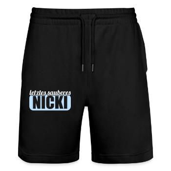 DDR Osten Ossi Letztes sauberes Nicki - Stanley/Stella Unisex Bio Joggingshorts Trainer  - Schwarz - Vorne - Nik (191cm) & Marisol (170cm)