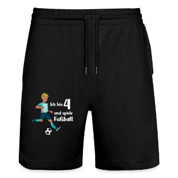 Junge spielt Fußball - Ich bin 4 Jahre - Stanley/Stella Unisex Bio Joggingshorts Trainer  - Schwarz - Vorne - Nik (191cm) & Marisol (170cm)