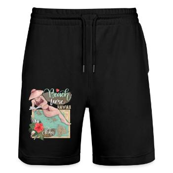 Vacances à Hawaï, , Carte vintage - Short de jogging bio TRAINER Stanley/Stella unisexe - noir - Devant - Nik (191cm) & Marisol (170cm)