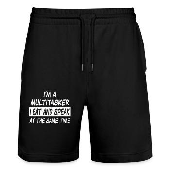 Multitasker eat and speak - Stanley/Stella Trainer Unisex Organic Jogging Shorts - black - Front - Nik (191cm) & Marisol (170cm)
