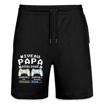 Niveau Papa Débloqué Cadeau Drôle Nouveau Papa - Short de jogging bio TRAINER Stanley/Stella unisexe - noir - Devant - Nik (191cm) & Marisol (170cm)