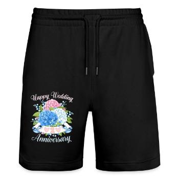 Félicitations d’anniversaire de mariage avec des hortensias - Short de jogging bio TRAINER Stanley/Stella unisexe - noir - Devant - Nik (191cm) & Marisol (170cm)