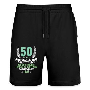 50 years ago God thought good 50 birthday - Stanley/Stella Trainer Unisex Organic Jogging Shorts - black - Front - Nik (191cm) & Marisol (170cm)
