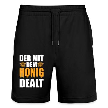 Der mit dem Honig dealt Lustiges Imker - Stanley/Stella Unisex Bio Joggingshorts Trainer  - Schwarz - Vorne - Nik (191cm) & Marisol (170cm)
