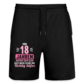 Vor 18 Jahren dachte Gott mach Gutes 18 Geburtstag - Stanley/Stella Unisex Bio Joggingshorts Trainer  - Schwarz - Vorne - Nik (191cm) & Marisol (170cm)