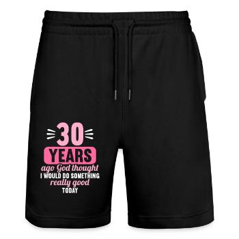 30 years ago God thought good 30 birthday - Stanley/Stella Trainer Unisex Organic Jogging Shorts - black - Front - Nik (191cm) & Marisol (170cm)