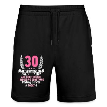 30 years ago God thought good 30 birthday - Stanley/Stella Trainer Unisex Organic Jogging Shorts - black - Front - Nik (191cm) & Marisol (170cm)