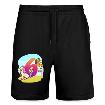 6th Birthday Riding Horse Theme Six Party - Stanley/Stella Trainer Unisex Organic Jogging Shorts - black - Front - Nik (191cm) & Marisol (170cm)