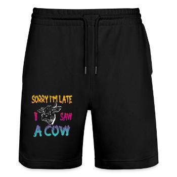 Désolé je suis en retard j’ai vu une vache - Short de jogging bio TRAINER Stanley/Stella unisexe - noir - Devant - Nik (191cm) & Marisol (170cm)