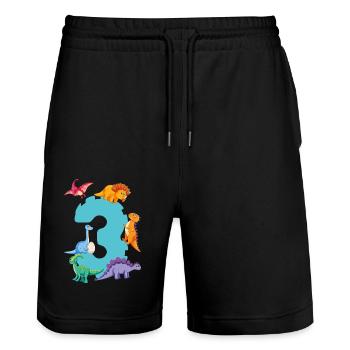 3ème anniversaire | Chemise d’anniversaire de dinosaure | - Short de jogging bio TRAINER Stanley/Stella unisexe - noir - Devant - Nik (191cm) & Marisol (170cm)