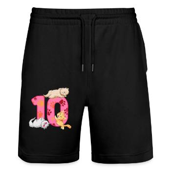 Chaton du 10e anniversaire | Chemise d’anniversaire de chat - Short de jogging bio TRAINER Stanley/Stella unisexe - noir - Devant - Nik (191cm) & Marisol (170cm)