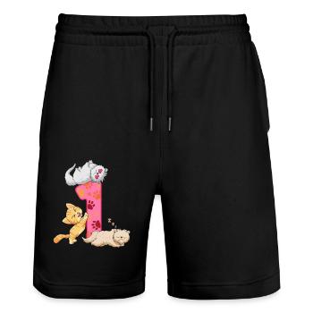 Chaton du 1er anniversaire | Chemise d’anniversaire de chat | - Short de jogging bio TRAINER Stanley/Stella unisexe - noir - Devant - Nik (191cm) & Marisol (170cm)