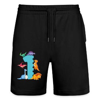 1st birthday | Dinosaur Birthday Shirt | - Stanley/Stella Trainer Unisex Organic Jogging Shorts - black - Front - Nik (191cm) & Marisol (170cm)