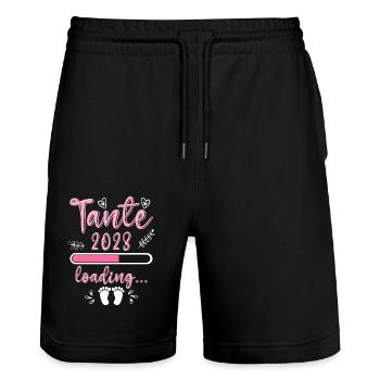 Tante 2023 loading Nichte Neffe Baby Tanten - Stanley/Stella Unisex Bio Joggingshorts Trainer  - Schwarz - Vorne - Nik (191cm) & Marisol (170cm)