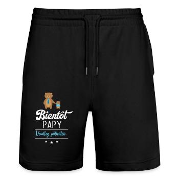 Bientôt Papy veuillez patienter, Cadeau futur papy - Short de jogging bio TRAINER Stanley/Stella unisexe - noir - Devant - Nik (191cm) & Marisol (170cm)