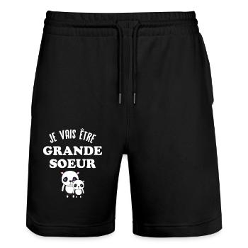 Je vais être grande-sœur, future grande soeur - Short de jogging bio TRAINER Stanley/Stella unisexe - noir - Devant - Nik (191cm) & Marisol (170cm)
