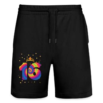 16e anniversaire Krone | Anniversaire sur le thème de Tie Dye - Short de jogging bio TRAINER Stanley/Stella unisexe - noir - Devant - Nik (191cm) & Marisol (170cm)