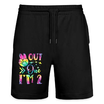 Peace Out One J’ai 2 | | d’anniversaire sur le thème de Tie Dye - Short de jogging bio TRAINER Stanley/Stella unisexe - noir - Devant - Nik (191cm) & Marisol (170cm)