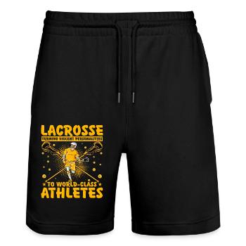 Lacrosse Funny saying - Stanley/Stella Trainer Unisex Organic Jogging Shorts - black - Front - Nik (191cm) & Marisol (170cm)