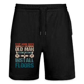 Old man flooring installer - Stanley/Stella Trainer Unisex Organic Jogging Shorts - black - Front - Nik (191cm) & Marisol (170cm)