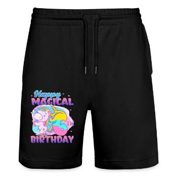 Joyeux 6ème anniversaire Unicorn Pony - Short de jogging bio TRAINER Stanley/Stella unisexe - noir - Devant - Nik (191cm) & Marisol (170cm)
