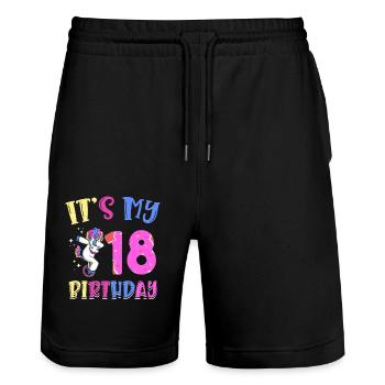 C’est mon 18e anniversaire Dabbing Unicorn Pony - Short de jogging bio TRAINER Stanley/Stella unisexe - noir - Devant - Nik (191cm) & Marisol (170cm)