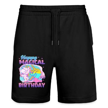 Happy Magical 2nd Birthday Unicorn Pony - Stanley/Stella Trainer Unisex Organic Jogging Shorts - black - Front - Nik (191cm) & Marisol (170cm)