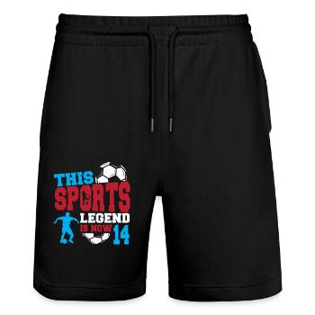 This sports legend is now 14, football game 14. - Stanley/Stella Trainer Unisex Organic Jogging Shorts - black - Front - Nik (191cm) & Marisol (170cm)