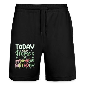 Today is my horse's birthday - Stanley/Stella Trainer Unisex Organic Jogging Shorts - black - Front - Nik (191cm) & Marisol (170cm)