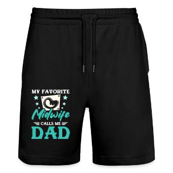 My favorite midwife calls me dad - Stanley/Stella Unisex Bio Joggingshorts Trainer  - Schwarz - Vorne - Nik (191cm) & Marisol (170cm)