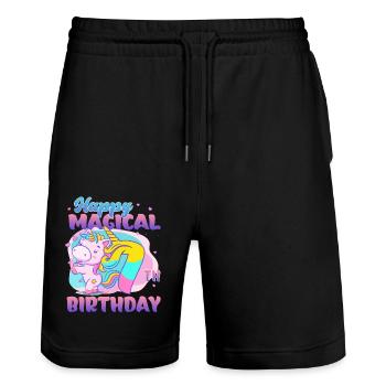 Joyeux 7ème anniversaire Licorne - Short de jogging bio TRAINER Stanley/Stella unisexe - noir - Devant - Nik (191cm) & Marisol (170cm)
