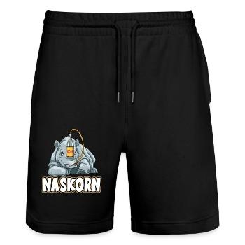 Naskorn Nashorn mit Korn - Stanley/Stella Unisex Bio Joggingshorts Trainer  - Schwarz - Vorne - Nik (191cm) & Marisol (170cm)