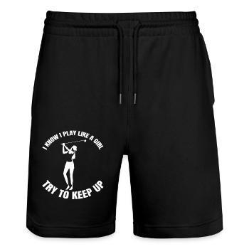 Golfer Golf Girl Golf Ball Golf Clubs - Stanley/Stella Trainer Unisex Organic Jogging Shorts - black - Front - Nik (191cm) & Marisol (170cm)