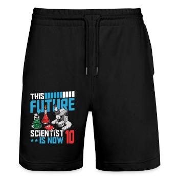 This future scientist is now 10 - Stanley/Stella Trainer Unisex Organic Jogging Shorts - black - Front - Nik (191cm) & Marisol (170cm)