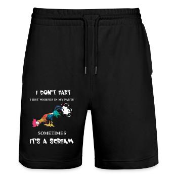 poulet pet cadeaux humour je ne pète pas je chuchote - Short de jogging bio TRAINER Stanley/Stella unisexe - noir - Devant - Nik (191cm) & Marisol (170cm)