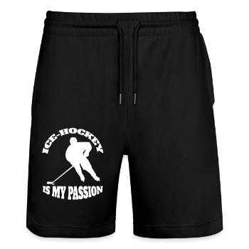Eishockey Geschenk Wintersport Eishockeyteam - Stanley/Stella Unisex Bio Joggingshorts Trainer  - Schwarz - Vorne - Nik (191cm) & Marisol (170cm)