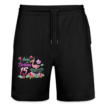 Aloha Birthday 15 Flamingo Bird 15th Birthday - Stanley/Stella Trainer Unisex Organic Jogging Shorts - black - Front - Nik (191cm) & Marisol (170cm)